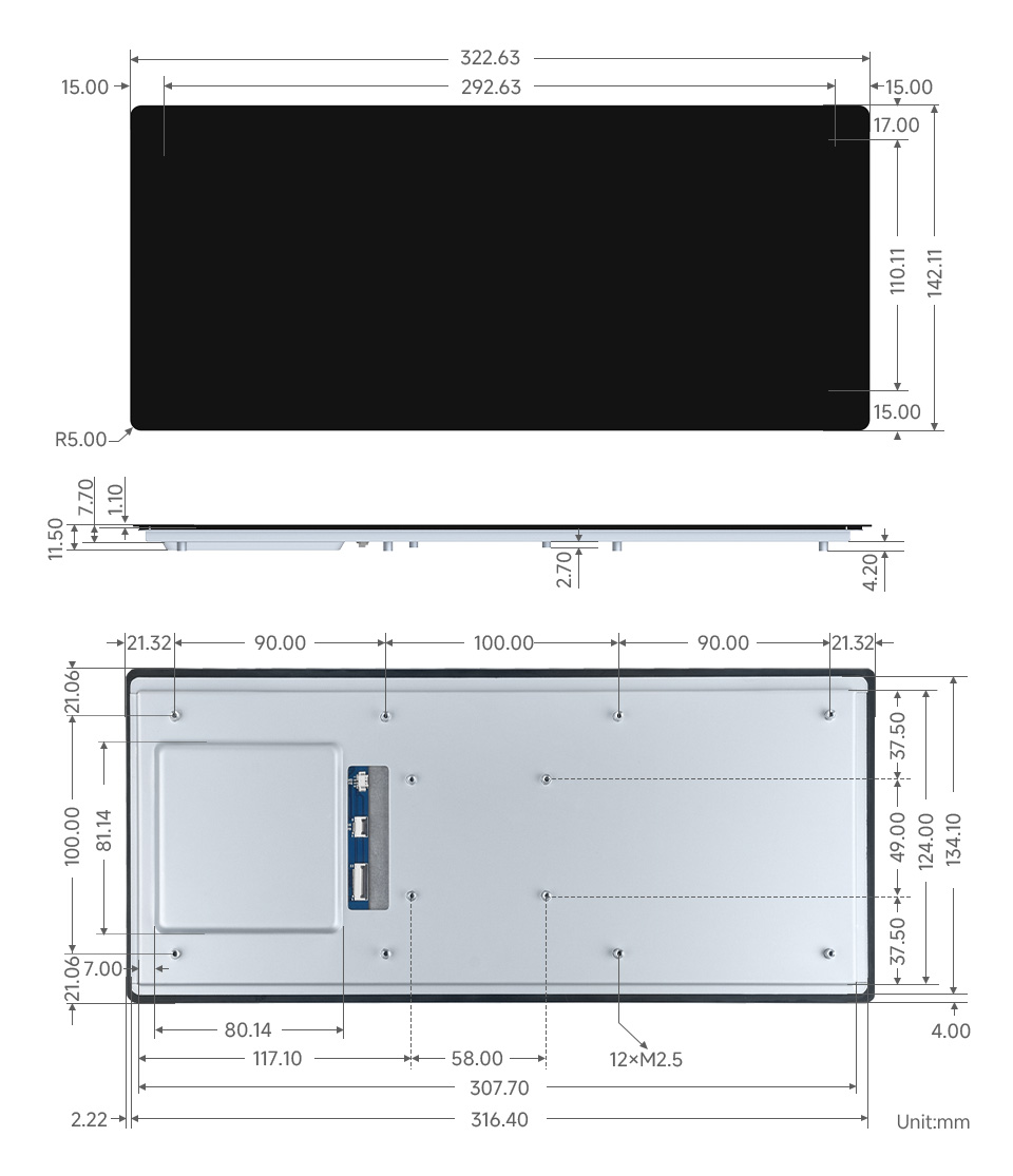 12.3 英寸 DSI 显示屏/触控屏产品尺寸
