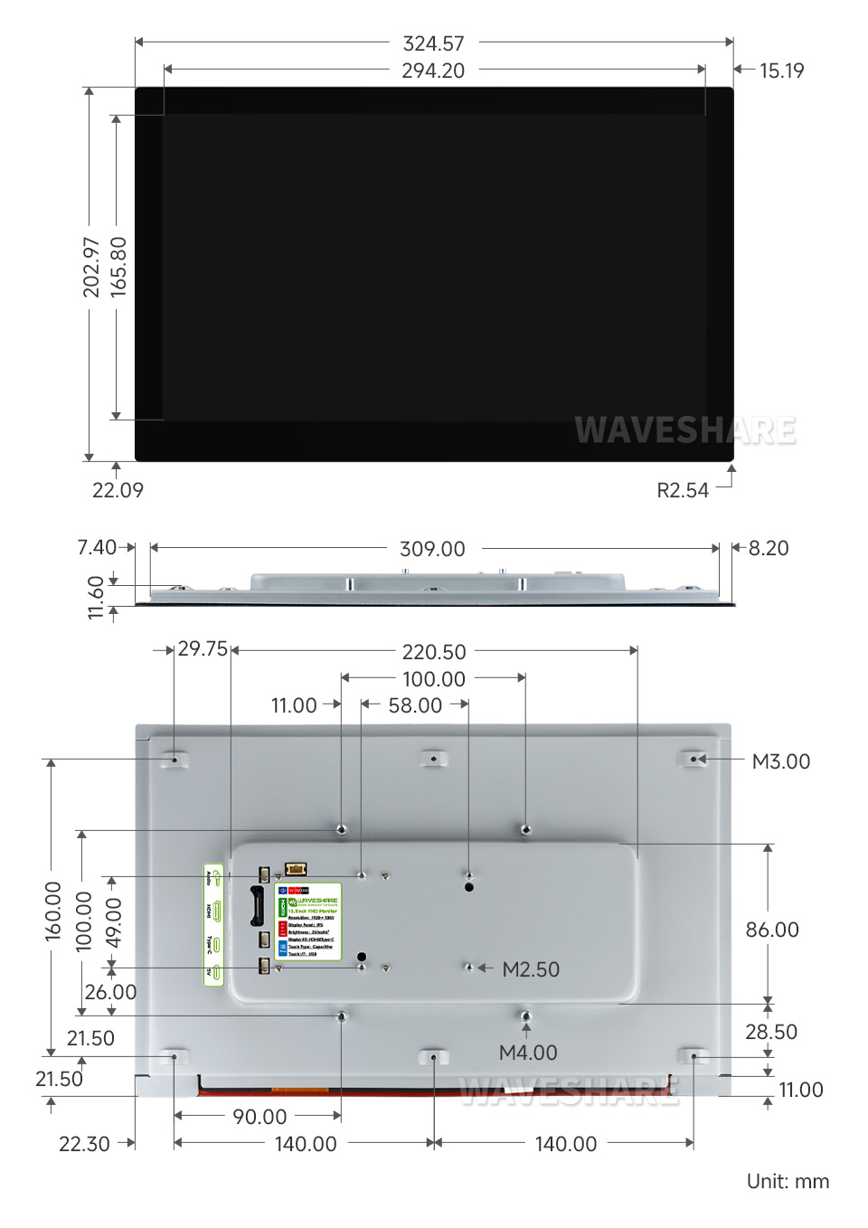 13.3 英寸高色域触摸显示器标准版尺寸