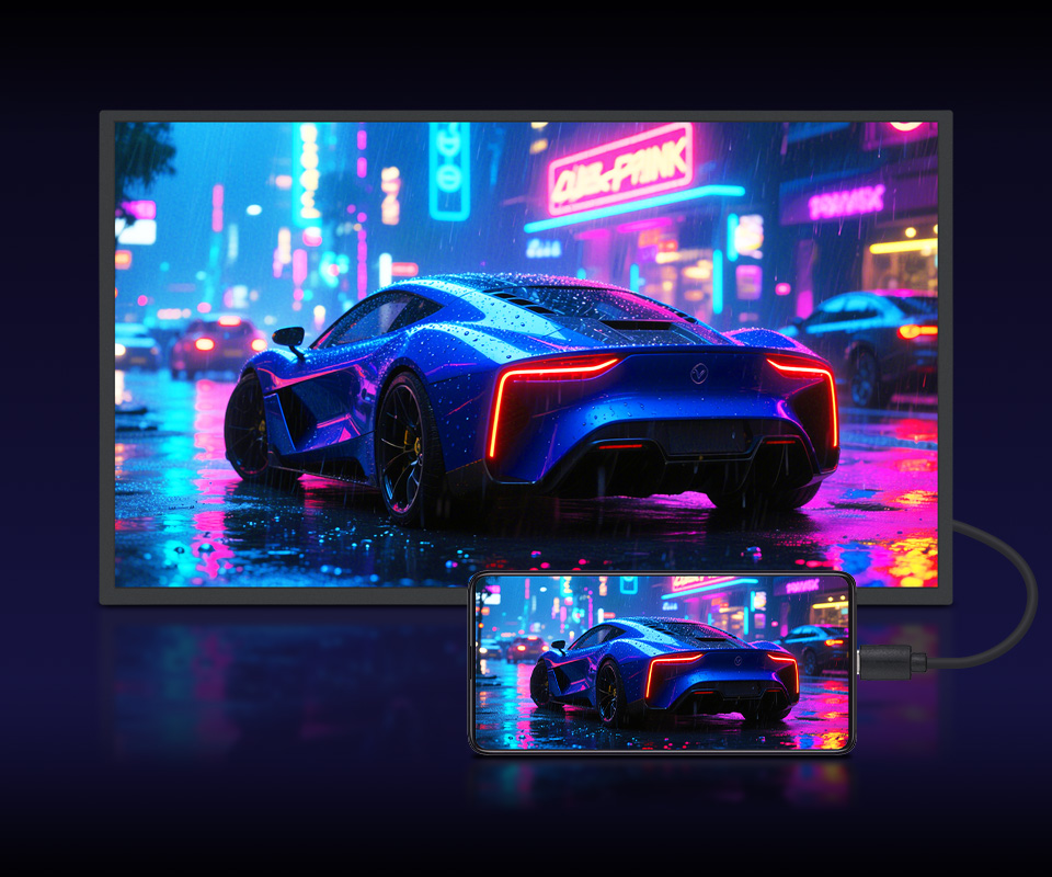 21.5 英寸便携式显示器 全功能Type-C接口便携显示器演示图：赛博朋克风格画面 女性骑摩托车霓虹城市夜景 手机与显示器同步显示 支持音视频传输即插即用