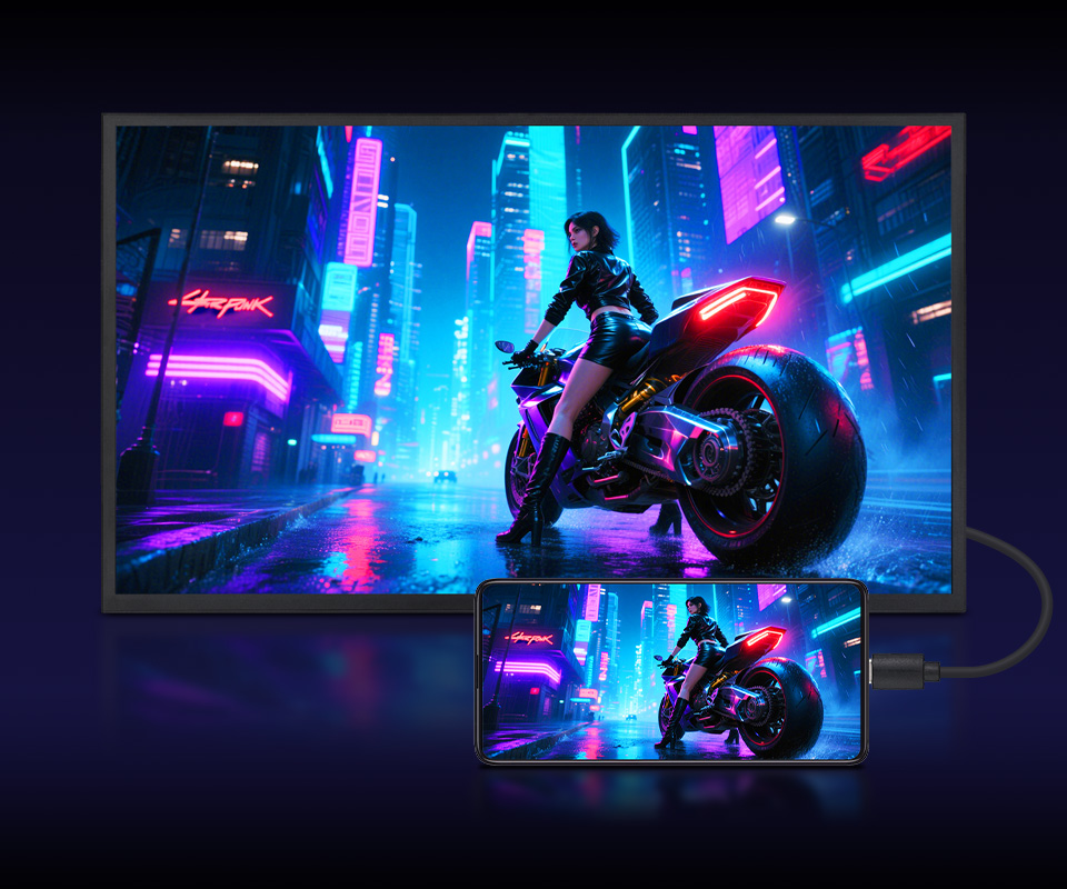 24.5 英寸 2K 便携式显示器 全功能Type-C接口便携显示器演示图：赛博朋克风格画面 女性骑摩托车霓虹城市夜景 手机与显示器同步显示 支持音视频传输即插即用