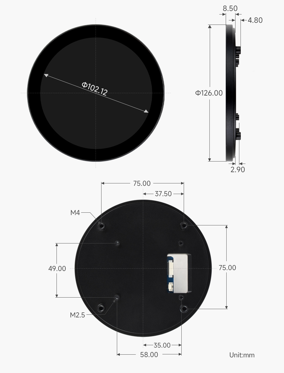3.4/4 英寸圆形触控屏产品尺寸