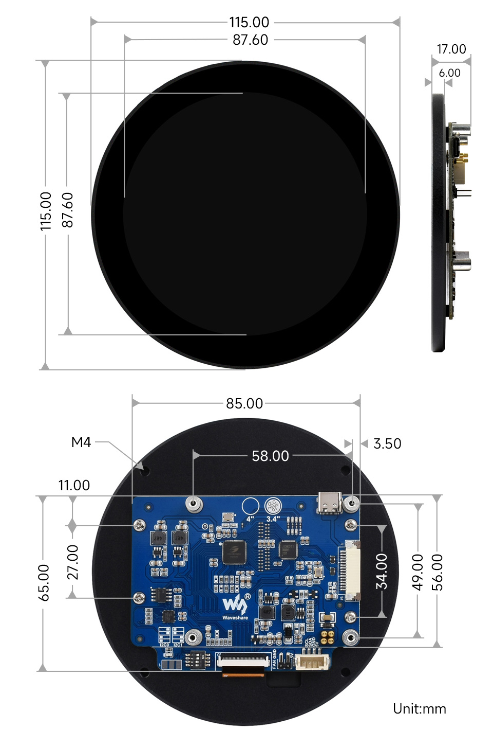3.4 英寸圆形触控屏产品尺寸