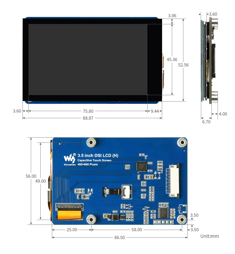 3.5 英寸 DSI 触控屏产品尺寸