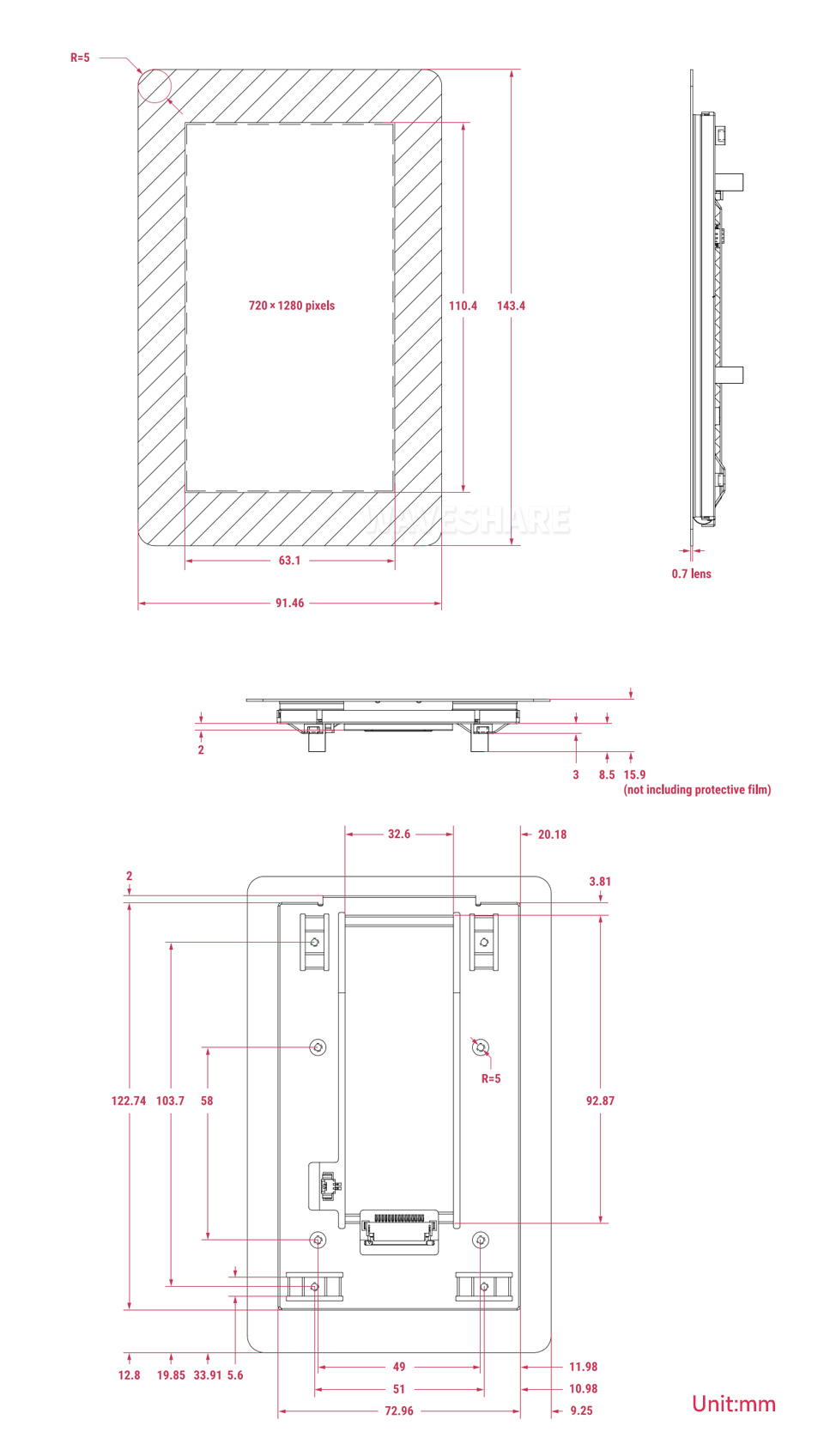 树莓派原装 5 英寸屏幕尺寸