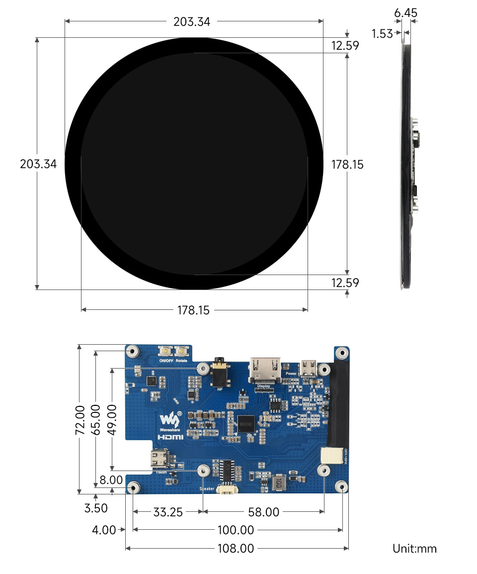 7 英寸圆形触控屏产品尺寸