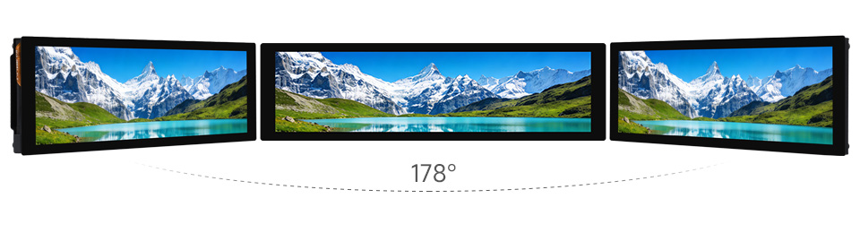 8.8 英寸 DSI 触控屏，从三个角度观察 IPS 显示面板，178 可视角度