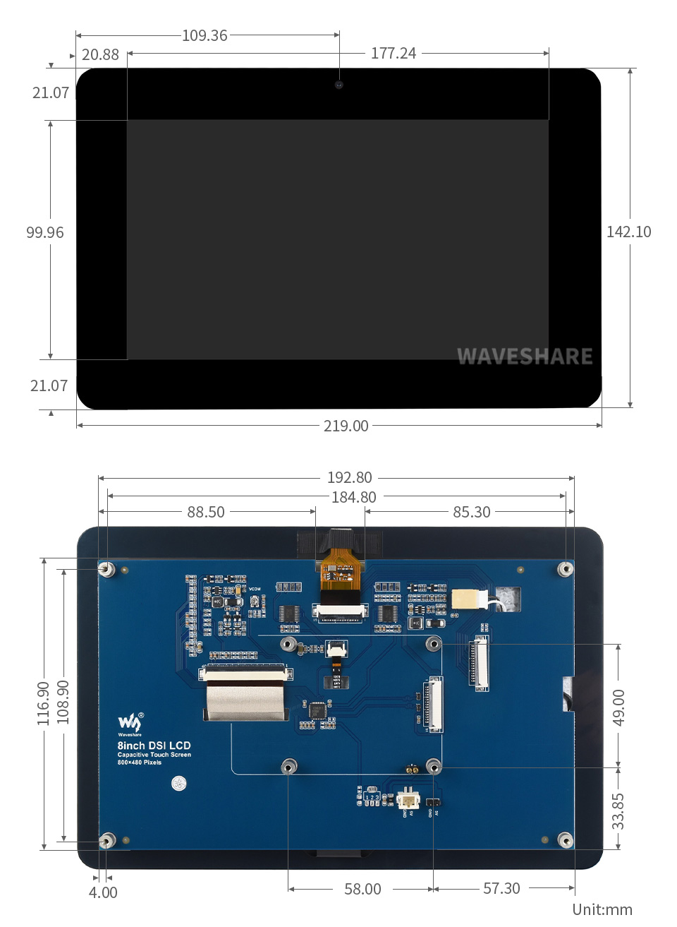 8 英寸 DSI 触控屏产品尺寸