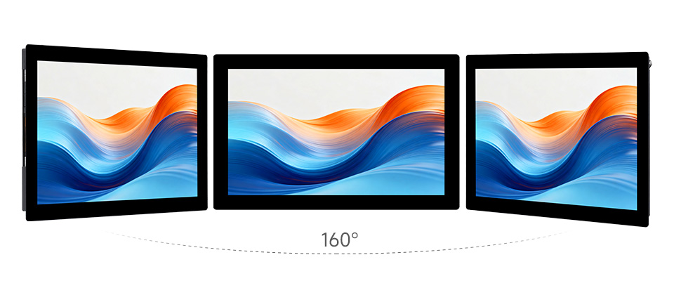 9 英寸 DSI 显示屏触控屏，从三个角度观察 IPS 显示面板，160 可视角度