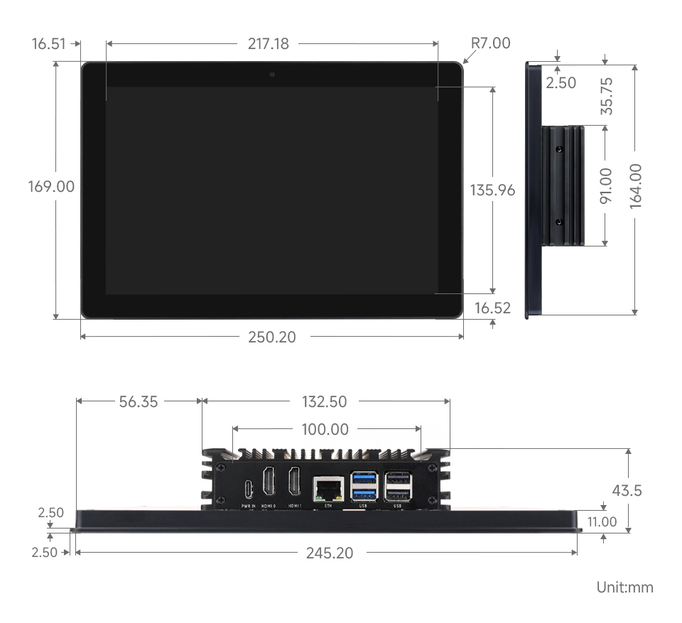 10寸树莓派5工业HMI触控一体机尺寸