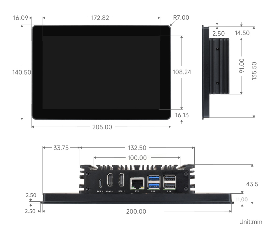 8寸树莓派5工业HMI触控一体机尺寸