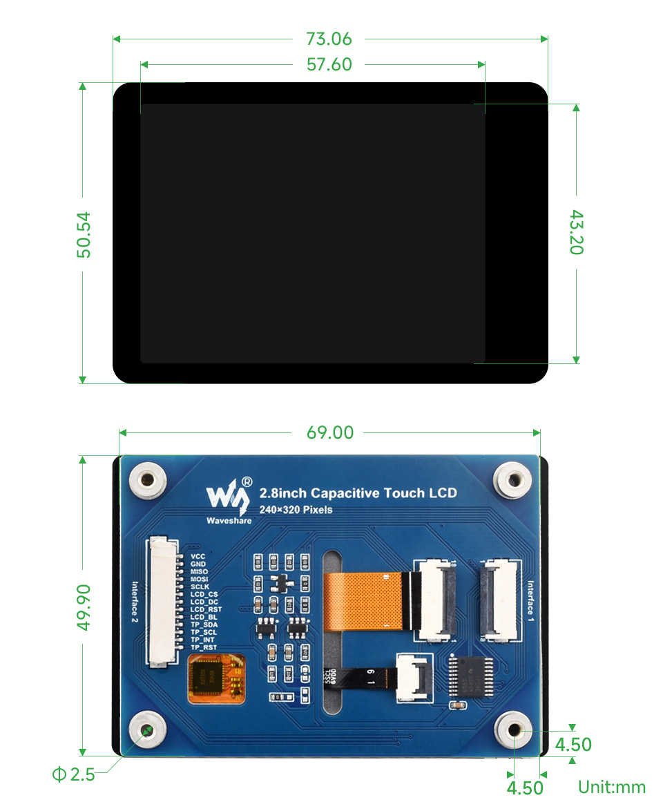 2.8 英寸触摸  LCD 扩展板产品尺寸