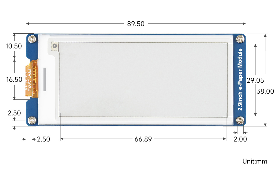 2.9英寸红黄黑白四色电子墨水屏模块尺寸