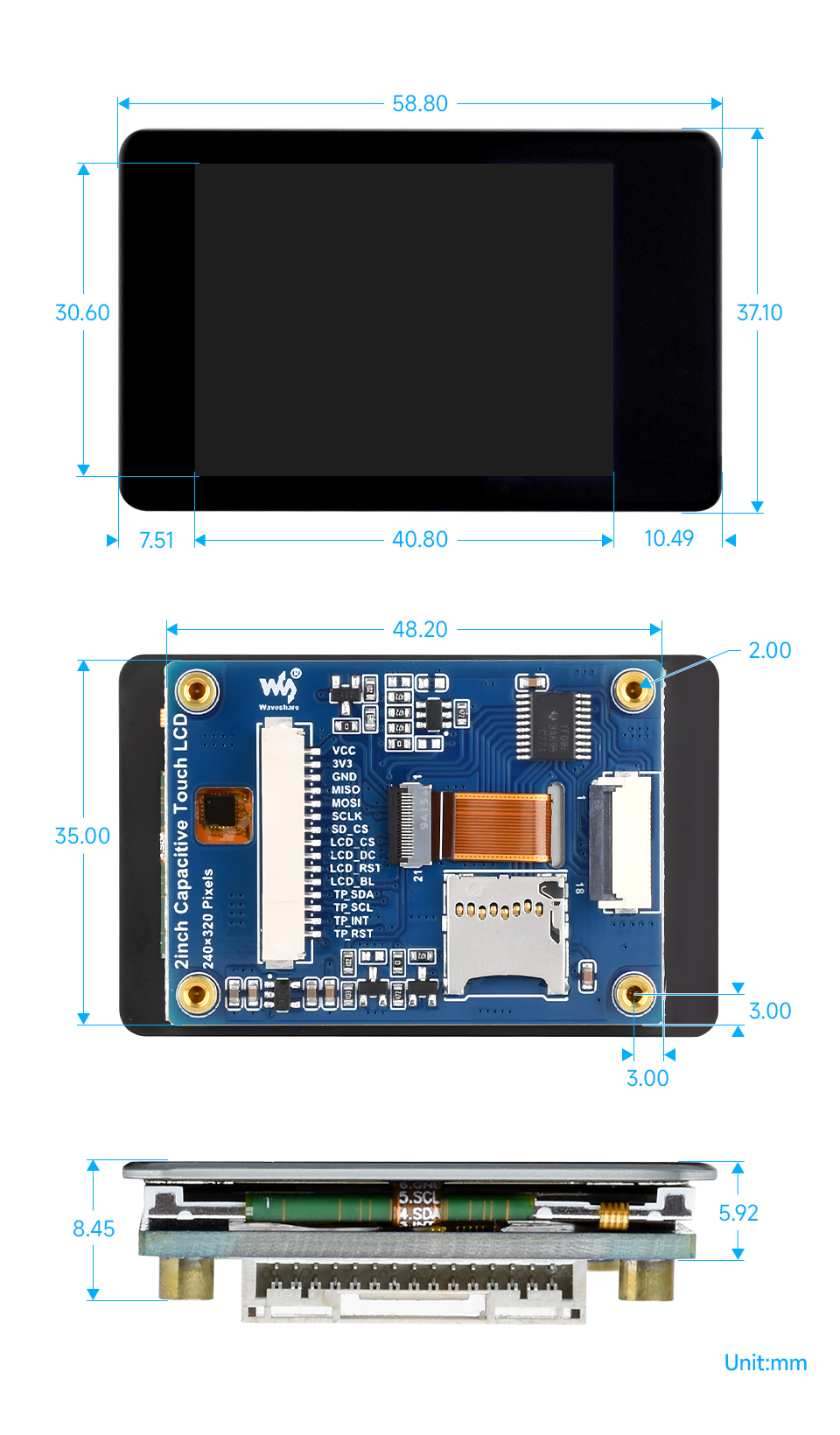 2.8 英寸触摸  LCD 扩展板产品尺寸
