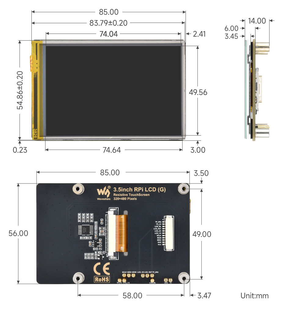 3.5 英寸触摸  LCD 扩展板产品尺寸