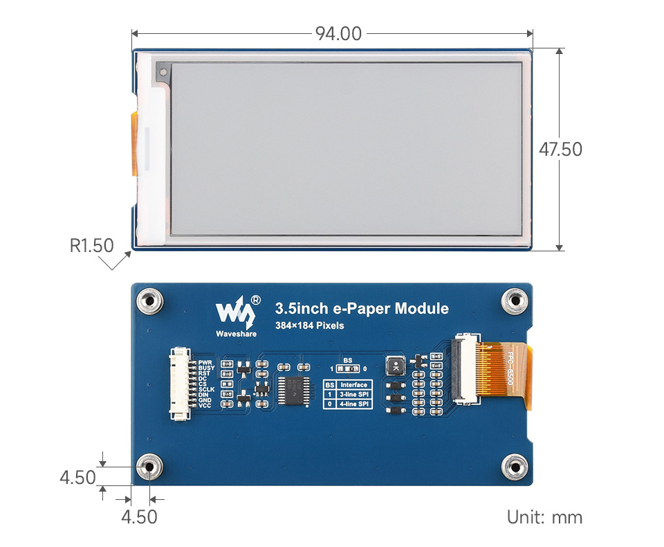 3.5 英寸红黄黑白四色电子墨水屏模块尺寸