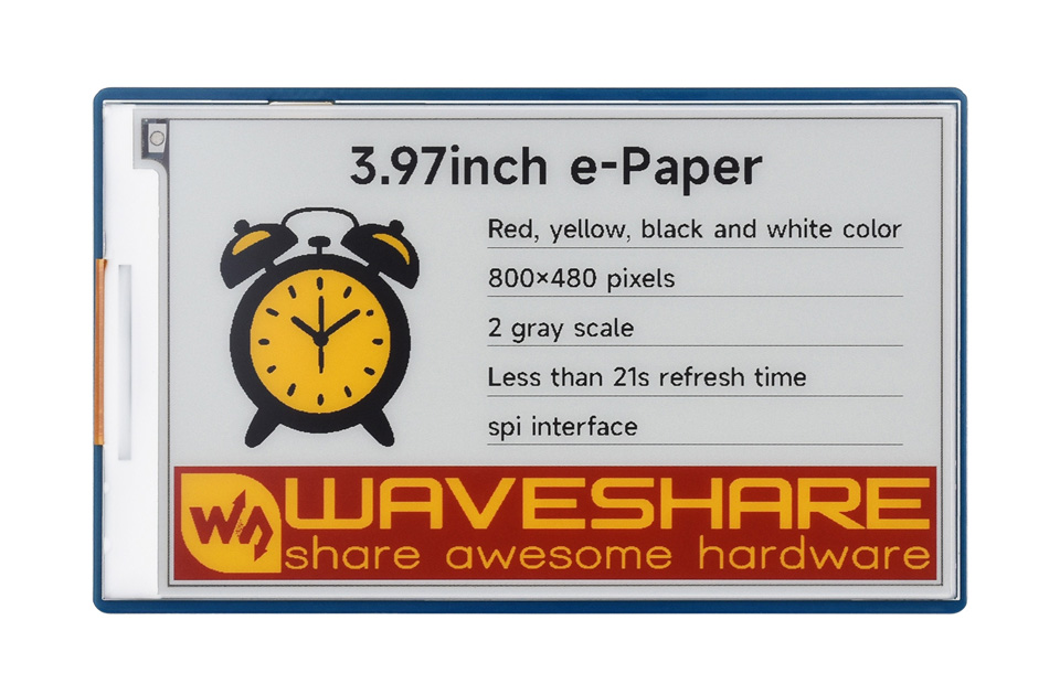 3.97 英寸电子墨水屏模块主图，屏幕显示效果，标签作用效果，显示红、黄、黑、白四色