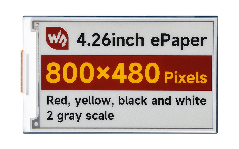 4.26 英寸红黄黑白色电子墨水屏模块主图，显示产品参数信息，包含尺寸，分辨率，通信接口等