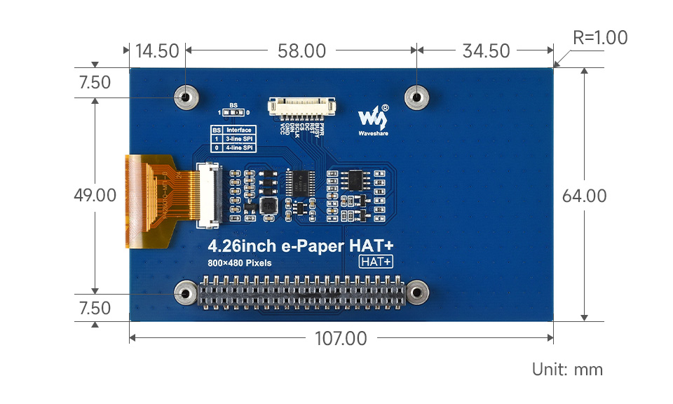 4.26 英寸电子墨水屏HAT+模块尺寸标注图，单位mm