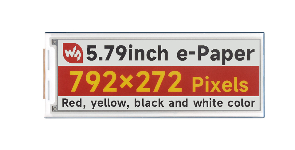 5.79 英寸电子墨水屏模块主图，屏幕显示效果，标签作用效果，显示红、黄、黑、白四色