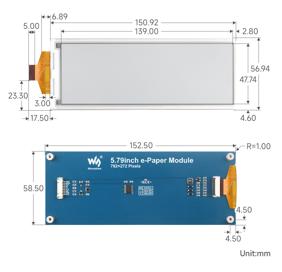 5.79 英寸红黄黑白四色电子墨水屏模块尺寸