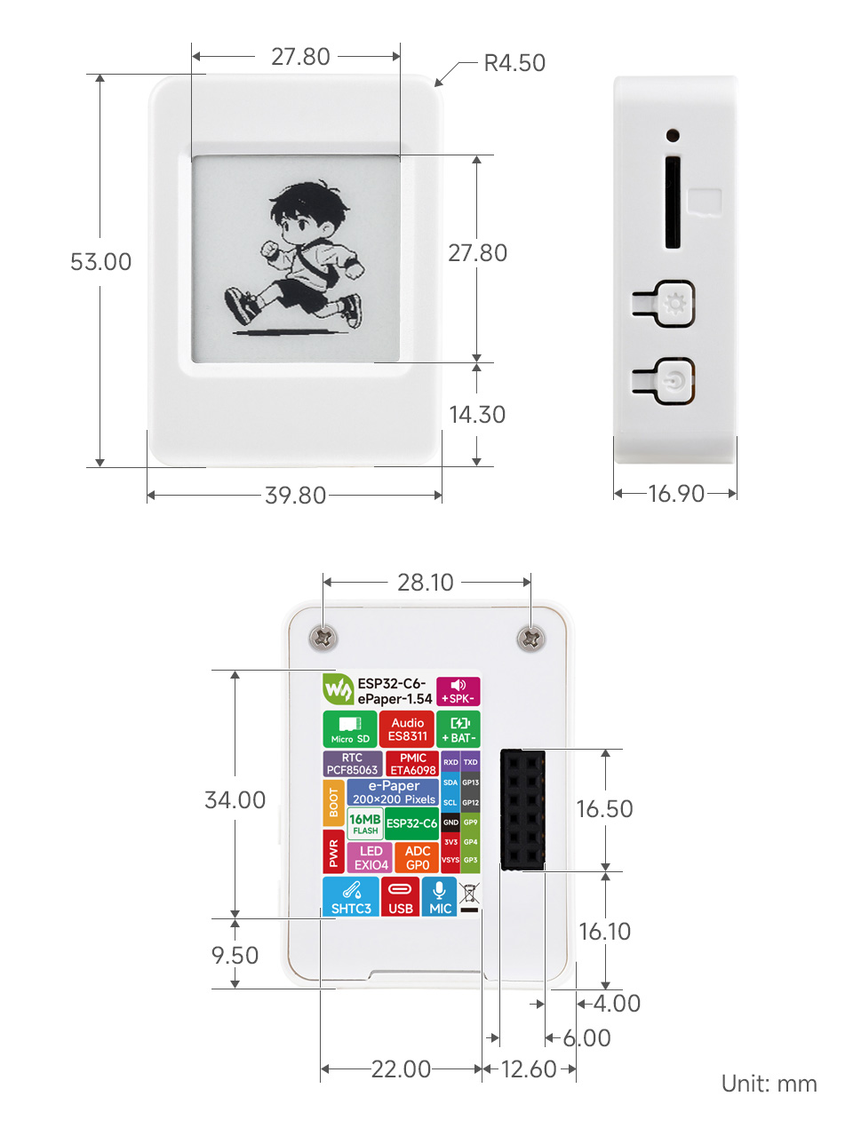 ESP32-C6 1.54 英寸墨水屏 AIoT 开发板产品尺寸图