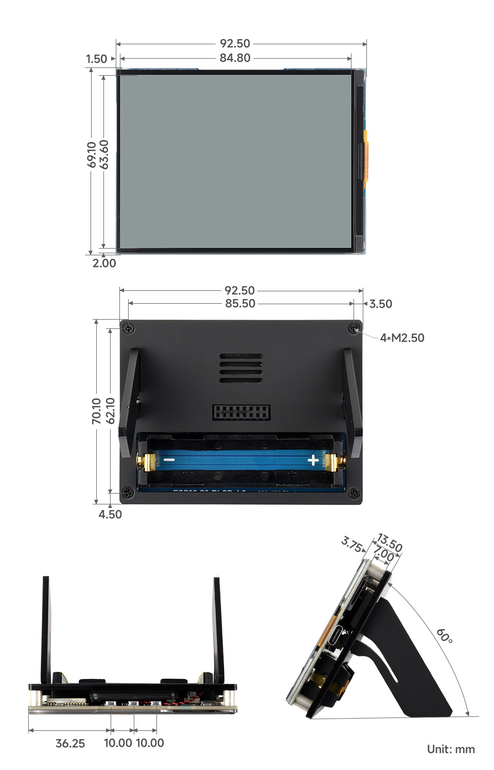 ESP32-S3 4.2 英寸 RLCD 开发板 AIoT 开发板尺寸