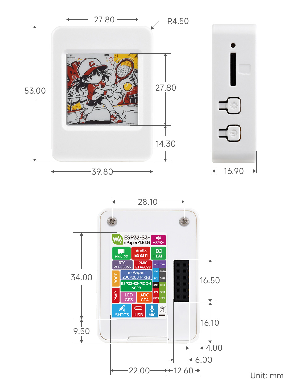 ESP32-S3 1.54 英寸墨水屏 AIoT 开发板尺寸