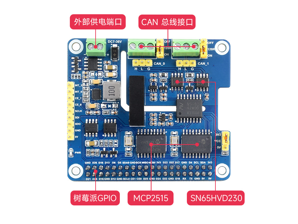 2-CH CAN HAT+支持 2 路 CAN 接口通信