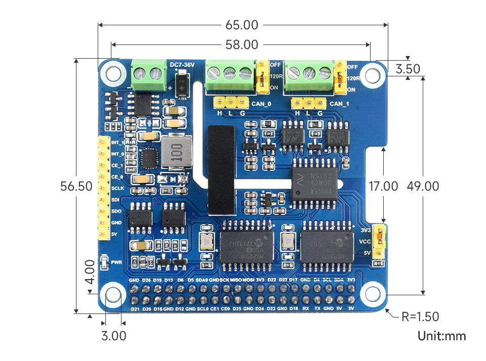 2-CH-CAN-HAT-Plus 产品尺寸
