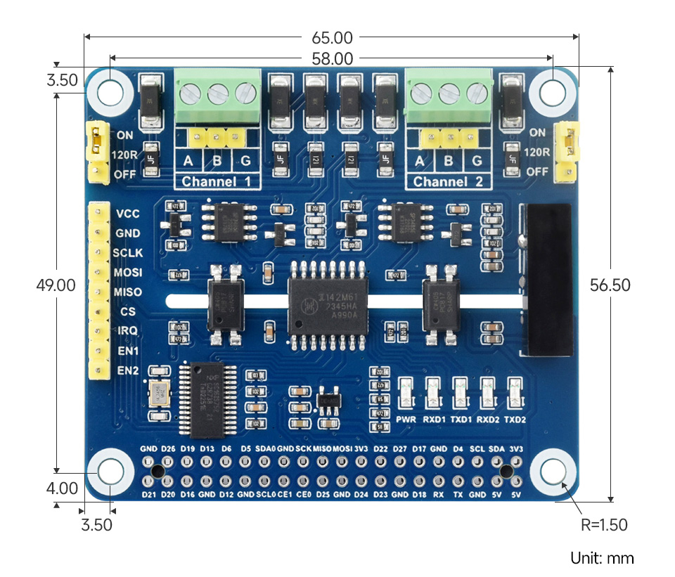 树莓派双通道隔离型CAN FD总线扩展板尺寸