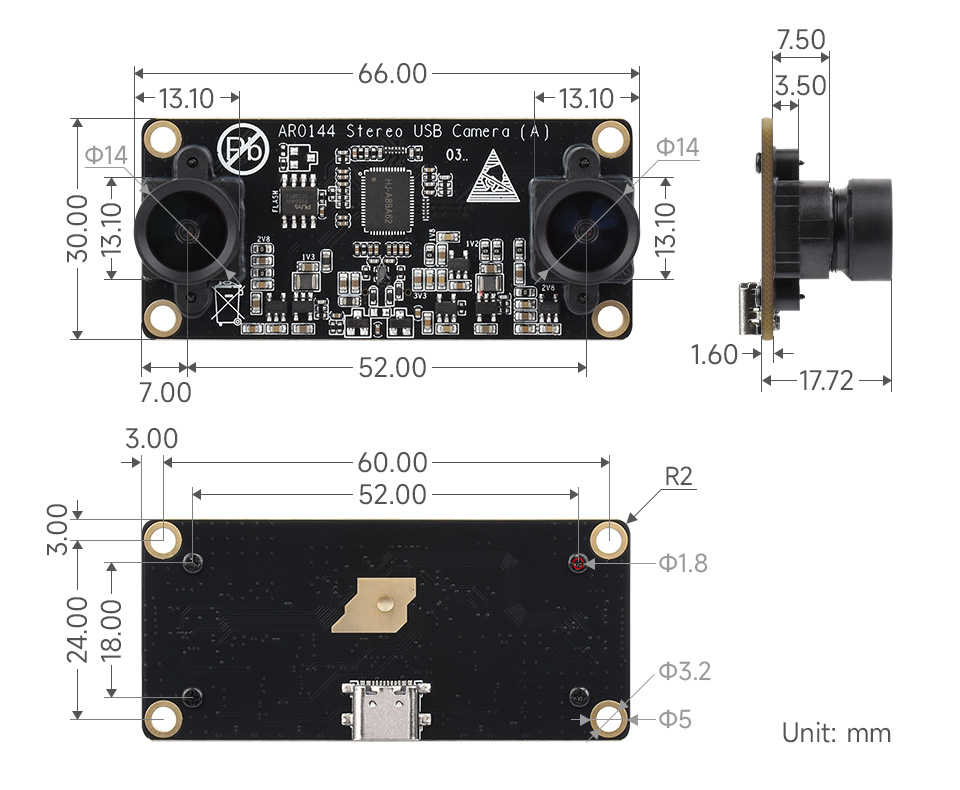 200 万像素双目摄像头模块产品尺寸