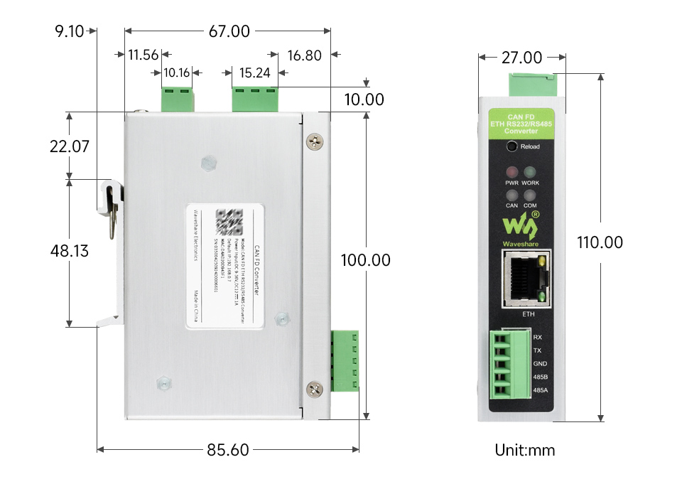 工业级 CAN FD ETH RS232/RS485 转换器 产品尺寸