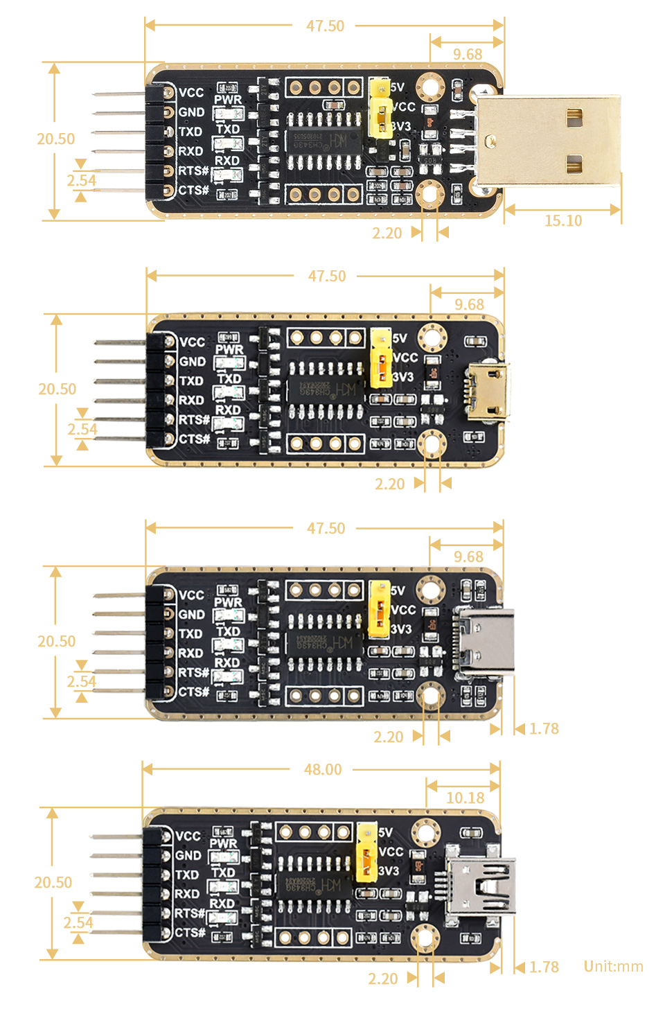 工业级 4 路 USB 集线器产品尺寸