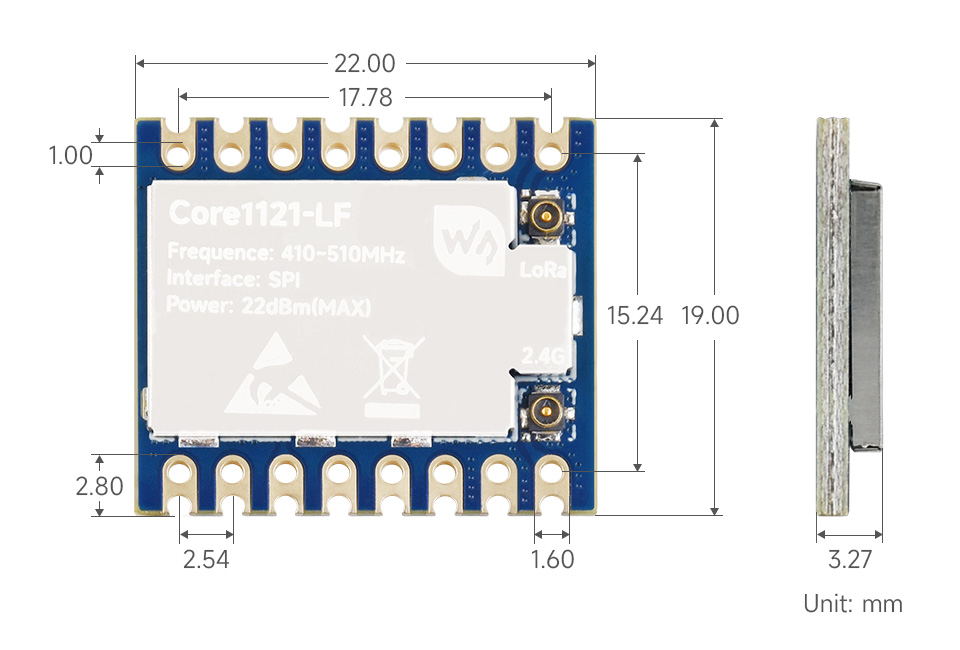 Core1121-LF LoRa 模组产品尺寸
