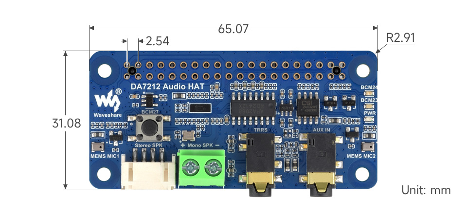 树莓派 DA7212 I2S 音频声卡产品尺寸