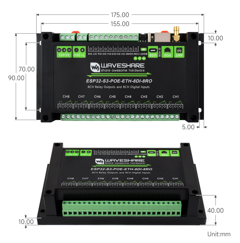 ESP32-S3 工控板 工业级 8 路 Wi-Fi 网络继电器产品尺寸