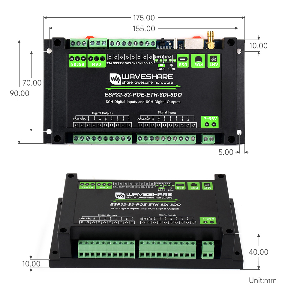 ESP32-S3 工控板 工业级 8 路 Wi-Fi 网络继电器产品尺寸