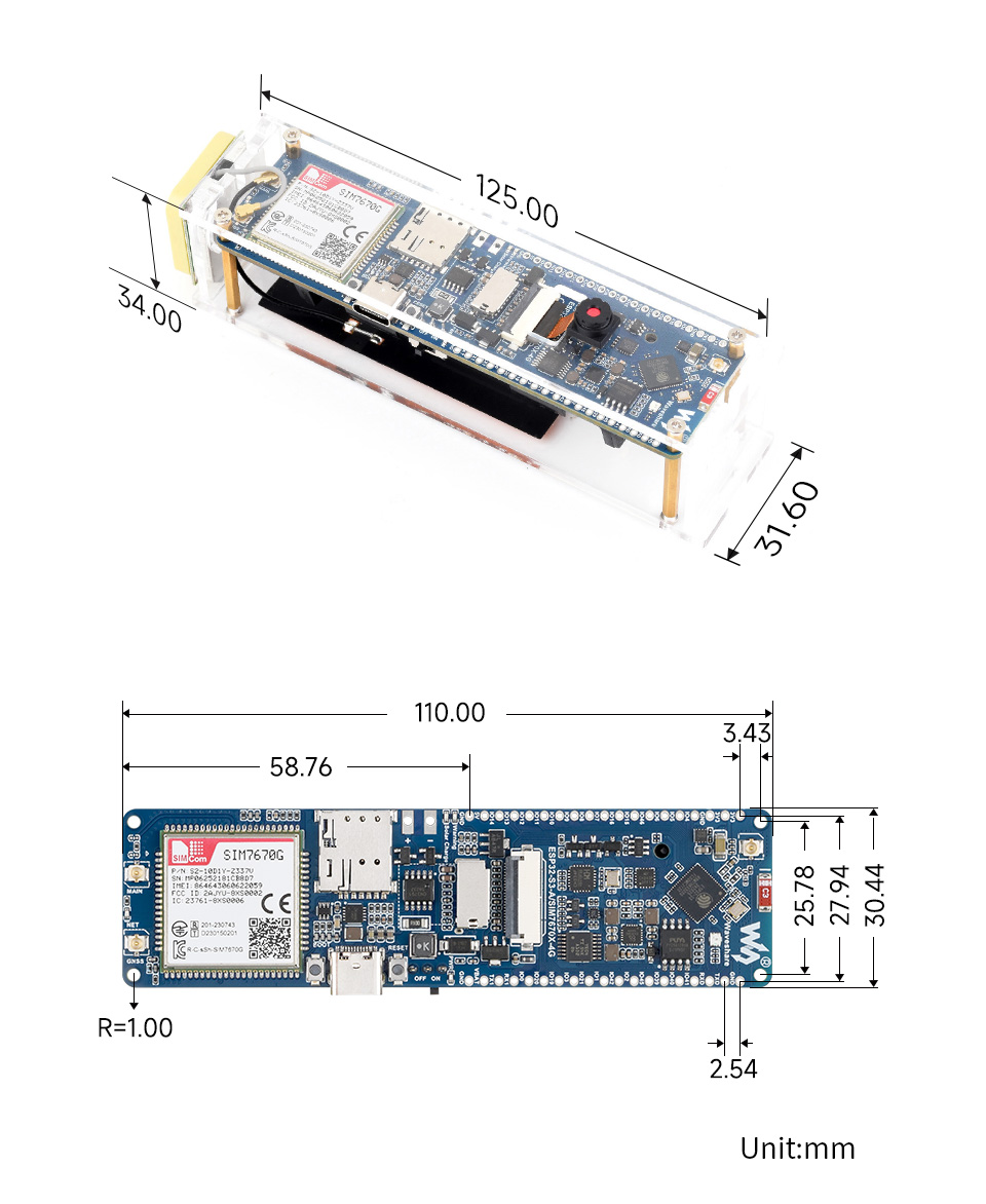 ESP32-S3 SIM7670G 4G 开发板产品尺寸