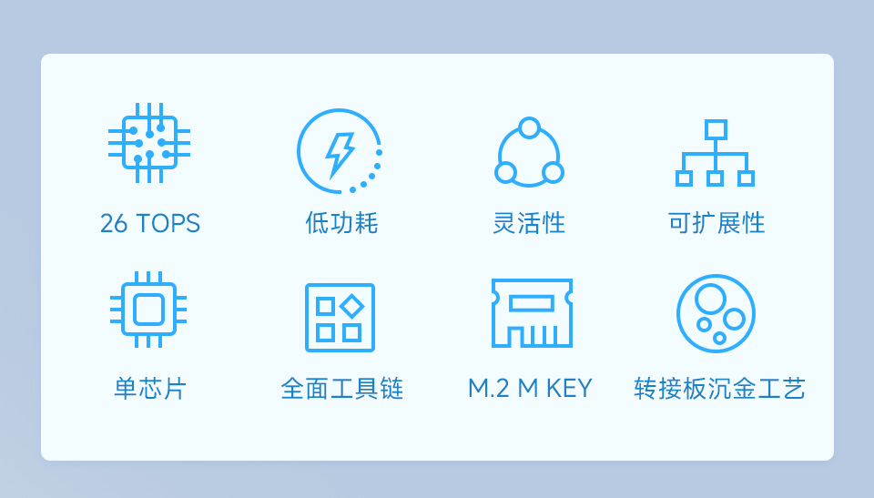 微雪Hailo-8人工智能AI套件的卖点，使用图标说明，图标包括：26 TOPS芯片，低功耗，灵活性，可扩展性，单芯片，全面工具链，HAT+标准，沈金工艺