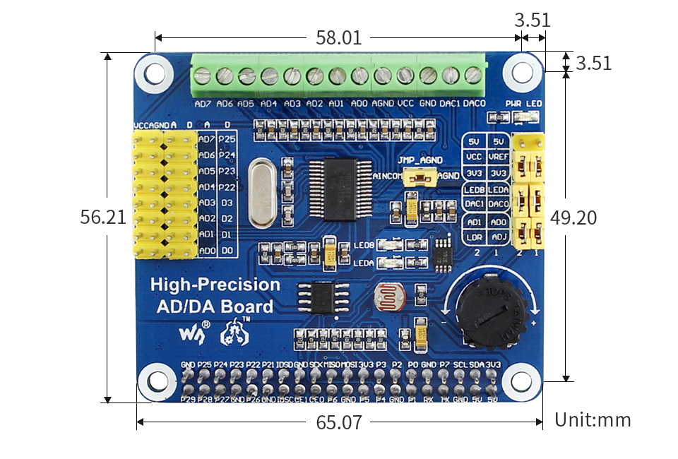 树莓派高精度AD/DA扩展板外形尺寸