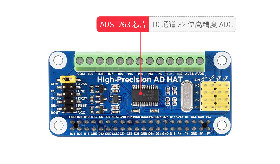 树莓派高精度 AD 扩展板板载 ADS1263 10 通道 32 位高精度ADC