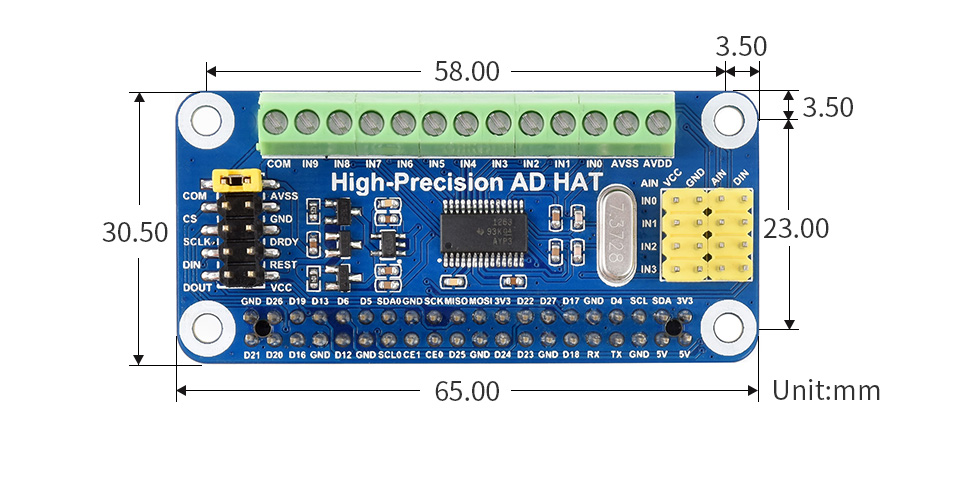 树莓派高精度 AD 扩展板外形尺寸