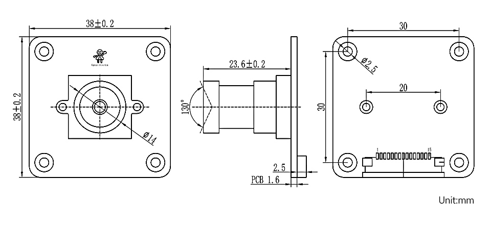 IMX296 160 万全局快门摄像头模块产品尺寸