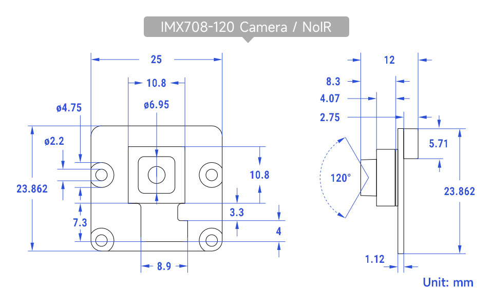 IMX708 1200 万自动对焦摄像头产品尺寸