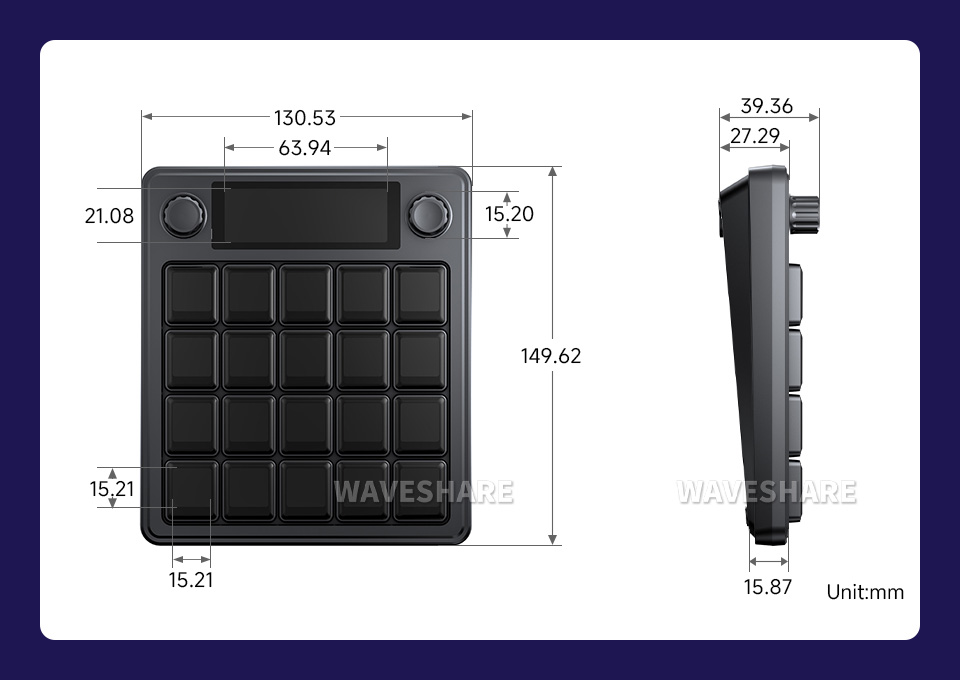 Waveshare MK20 多功能 AI 语音控制面板产品尺寸