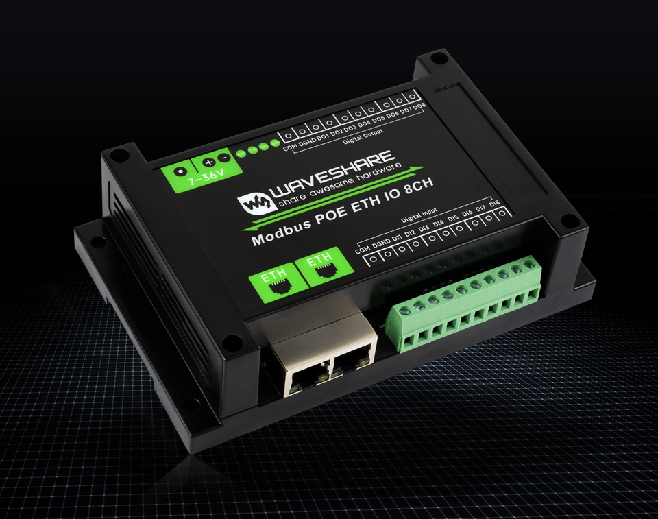 8路以太网数字量输入输出模块，黑色网状背景