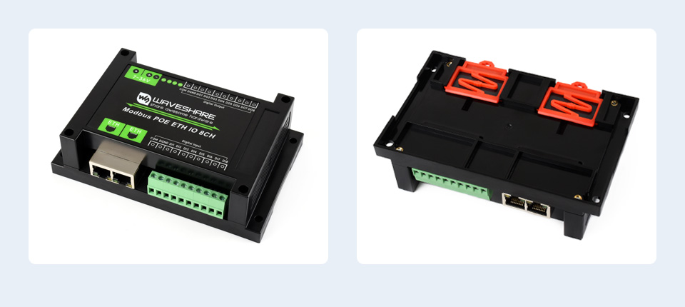 8路以太网数字量输入输出模块导轨式外壳设计，正侧图和背侧图