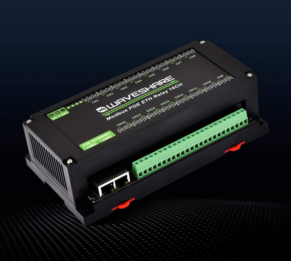 16 路以太网继电器模块，黑色网状背景