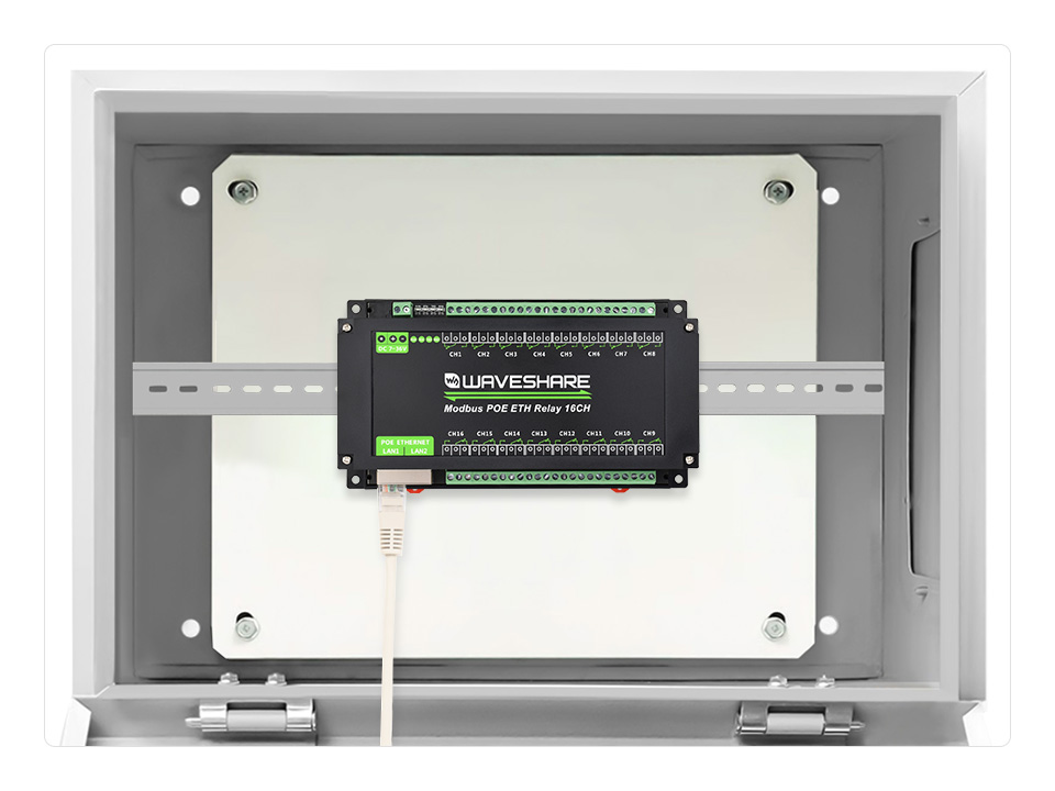 16 路以太网继电器模块导轨示意展示