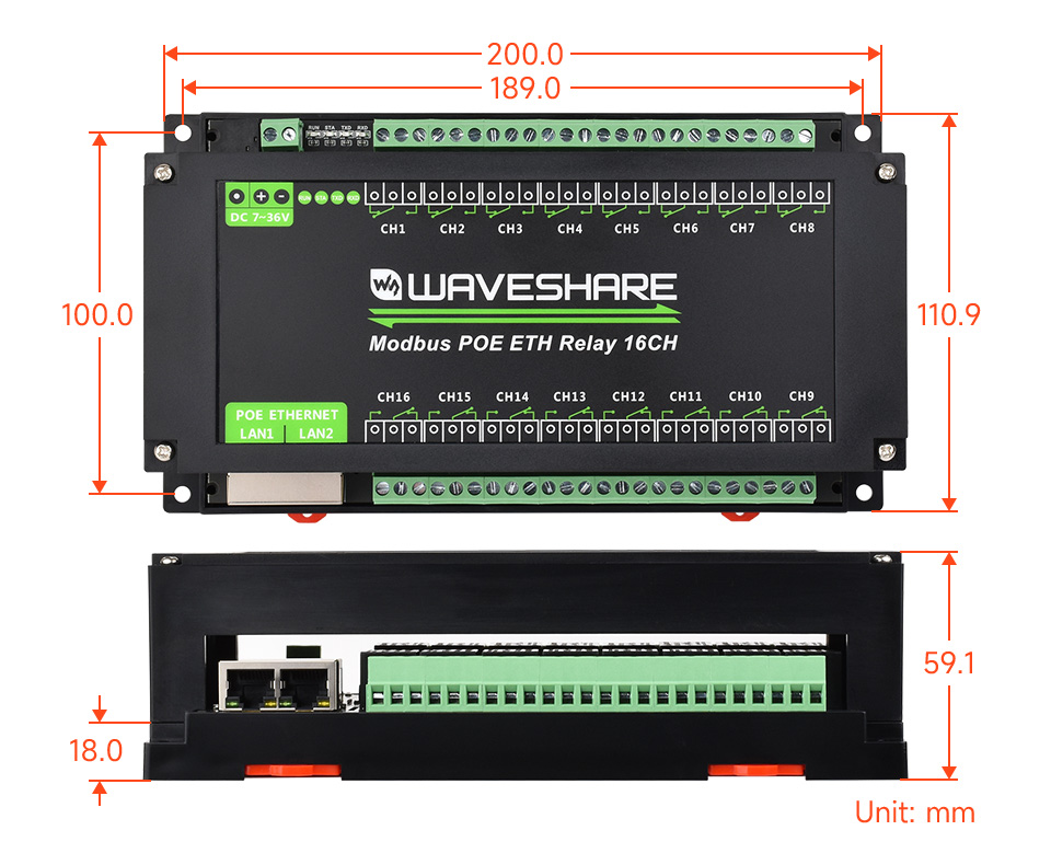 16 路以太网继电器模块产品尺寸